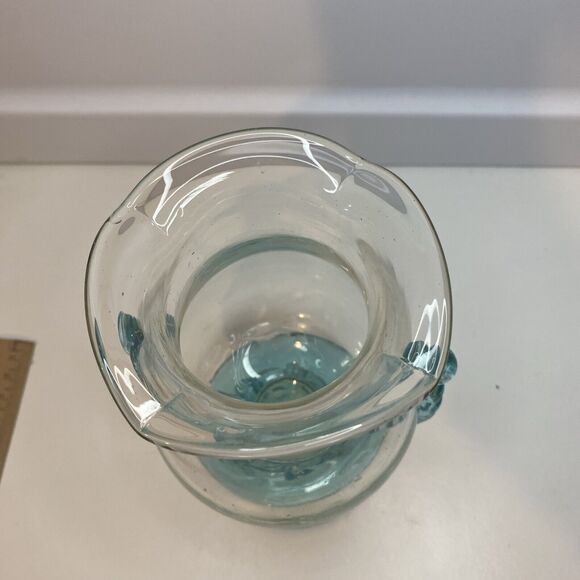 Vintage Hand blown Aqua Blue Glass Pedestal Vase With Applied Waves Handles - Picture 5 of 8
